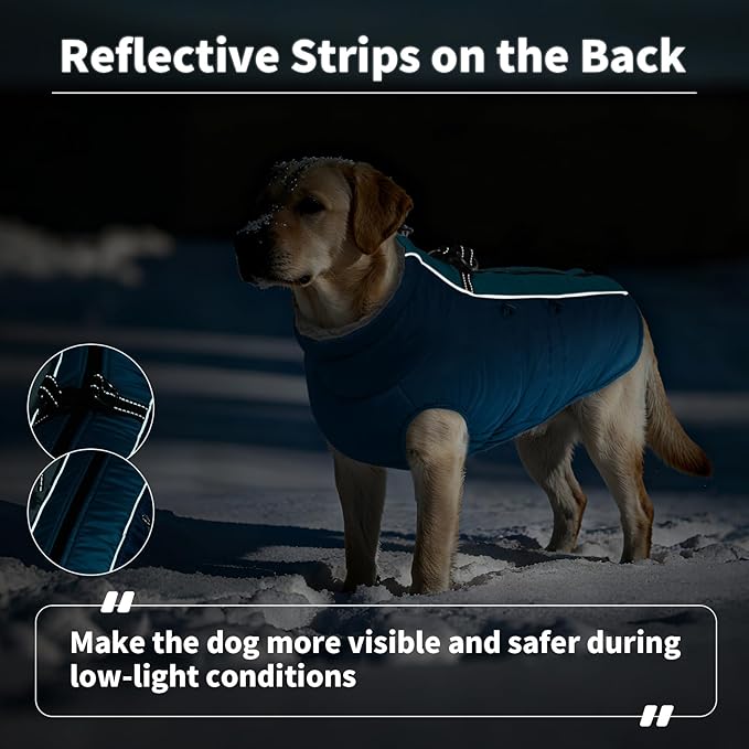 IDOMIK Warm Dog Coat with Harness, Waterproof Reflective Dog Jackets for Small Medium Large Dogs, Fleece High Collar Winter Jacket with Zipper, Pet Winter Snowsuit Clothes for Cold Weather,Blue 3XL