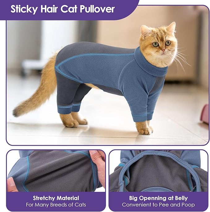 SUNFURA Hair Sticky Cat Clothes, Cat Sweater for Cats Only, 4-Legged Fleece Sweaters Kitten Pajamas Reduce Shedding Fur, Warm Pullover Shirts for Cats, Blue L