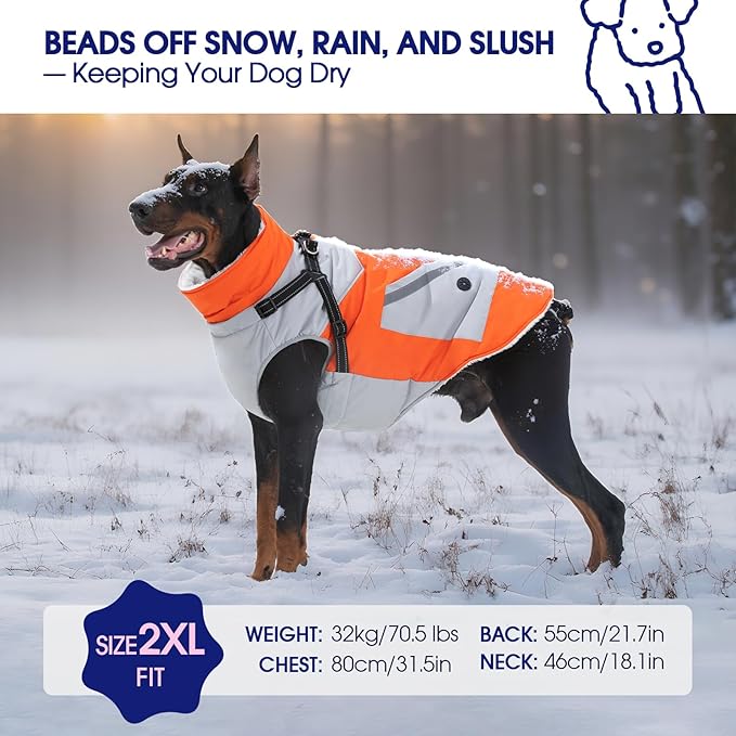 FUAMEY Dog Winter Jackets for Small Dogs,Dog Coat with Harness Built in,Waterproof Dogs Snowsuits Warm Pet Jacket Zip Up Fleece Cold Weather Coats Reflective Puppy Vest with Pocket Orange S