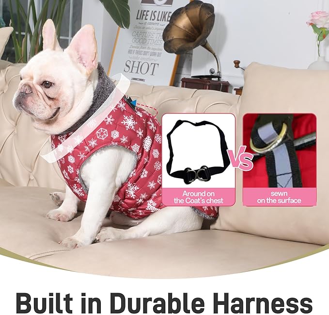 Warm Fleece Dog Coats with Durable Harness Buitl in D-Ring,Waterproof Doggie Jacket for Medium Dogs,Dog Vest for Cold Winter,Red,Snow Pattern XL
