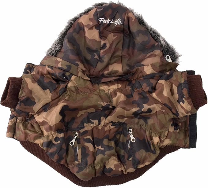 PET LIFE Classic Metallic Fashion Pet Dog Coat Jacket Parka w/ 3M Insulation and Removable Hood, Large, Camouflage