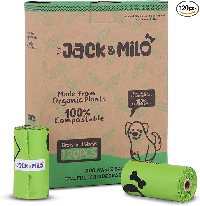 Jack & Milo Dog Waste Bags Environmentally Friendly - Reusable Bag Container - Leak Proof Dog Poop Bag - Extra Thick and Sturdy - 8 Rolls x 15 Bags