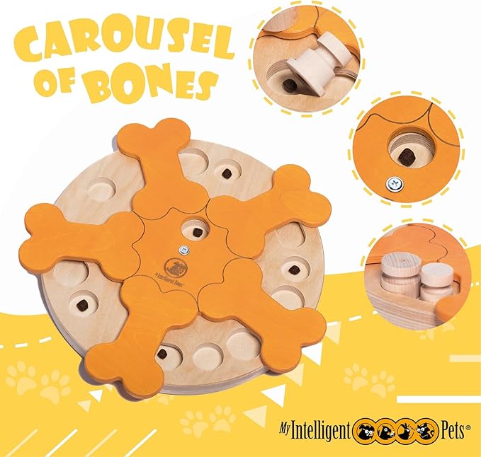 Carousel of Bones - Interactive Wooden Dog Puzzle Toy, Challenging Brain Game for Mental Stimulation and Enrichment, Fun Toy for Smart Pets