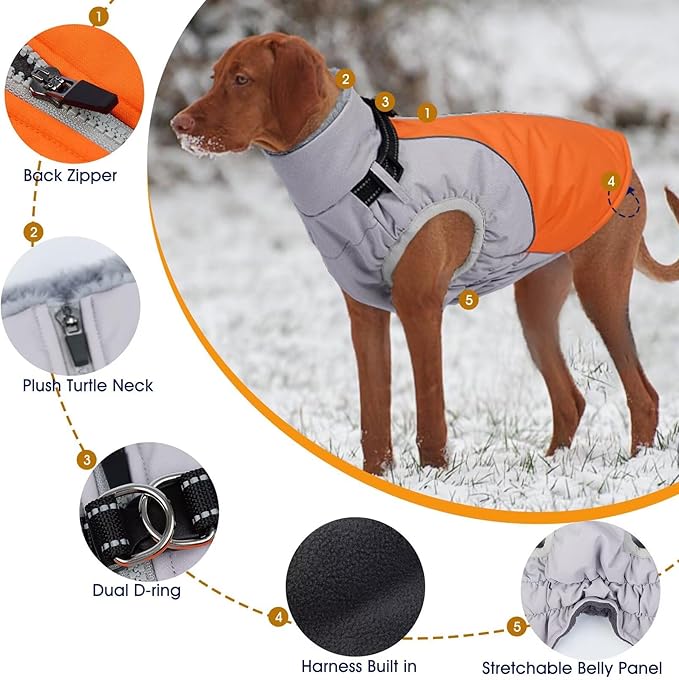 Dog Coats for Large Dogs,Winter Waterproof Jacket with Collar Built in,XXL Dog Coat for Cold Weather Warm Snow Jacket with Thermal Fleece Lining,Reflective Pet Snowsuit Large,Orange,2XL