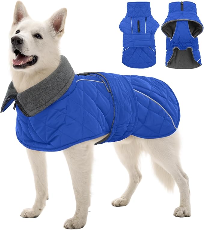 Kuoser Dog Coat, Extra Warm Dog Jacket Windproof Dogs Cold Weather Coats for Large Dogs, Fleece Lining Turtleneck Puppy Snowsuit Reflective Adjustable Pet Winter Clothes Christmas, Blue 2XL
