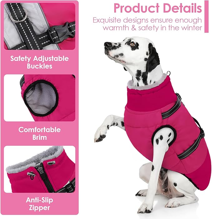 AOFITEE Dog Coat for Large Dogs, XXXL Dog Winter Jacket with Harness Built in, Turtleneck Cold Weather Coat for Extra Large Dogs, Reflective Pet Fleece Jacket with Zipper for Great Dane, HotPink 3XL