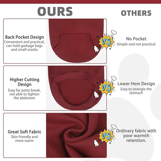 KOOLTAIL Basic Dog Hoodie - Soft and Warm Dog Hoodie Sweater with Leash Hole and Pocket, Dog Winter Coat, Cold Weather Clothes Sweatshirt for Small Medium Large Dogs Puppy Cat Boys Girls Deep Red XS