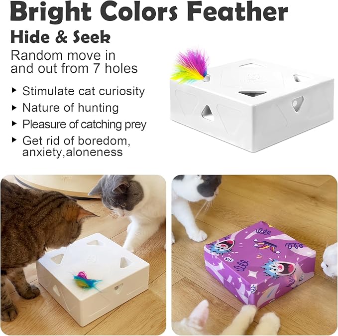 Migipaws Automatic MigiBox Cat Toys 3 n1 Interactive Pounce Mystery Under PopSkin 7 Holes Cardboard Kitten Toys for Indoor Rechargable 6 Accessories(Purple)