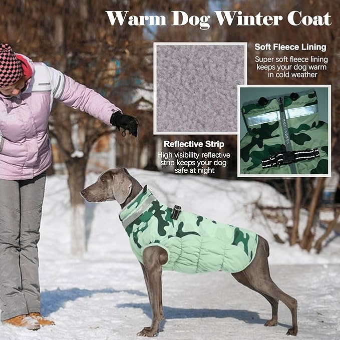 Lelepet Warm Dog Winter Coat Dog Coats for Large Dogs Waterproof Dogs Jacket with Harness Built in Reflective Cold Weather Coats Zip-Up Winter Fleece Vest Snowsuit Boston Terrier Mint Green Camo L