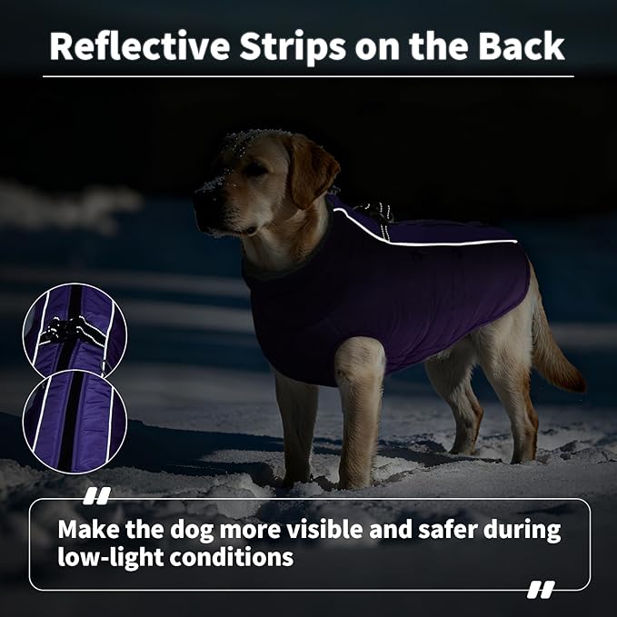 IDOMIK Warm Dog Coat with Harness, Waterproof Reflective Dog Jackets for Small Medium Large Dogs, Fleece High Collar Winter Jacket with Zipper, Pet Winter Snowsuit Clothes for Cold Weather,Purple M