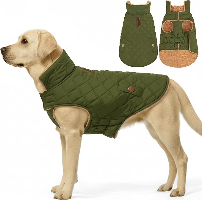 azuza Dog Jacket for Medium Dogs Waterproof & Windproof Dog Coat for Small Dogs with Thick Fleece, High Collar with Leash Hole, Adjustable Velcro & Elastic Belly, Army Green 2XL