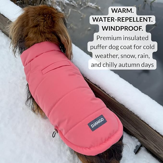 DJANGO Puffer Dog Coat – Warm Winter Dog Jacket & Water-Repellent Insulated Puffer Vest with Striped Lining, Harness Hole, Adjustable Fit for Small & Medium Dogs, Dachshunds – Rose Petal Pink, Small