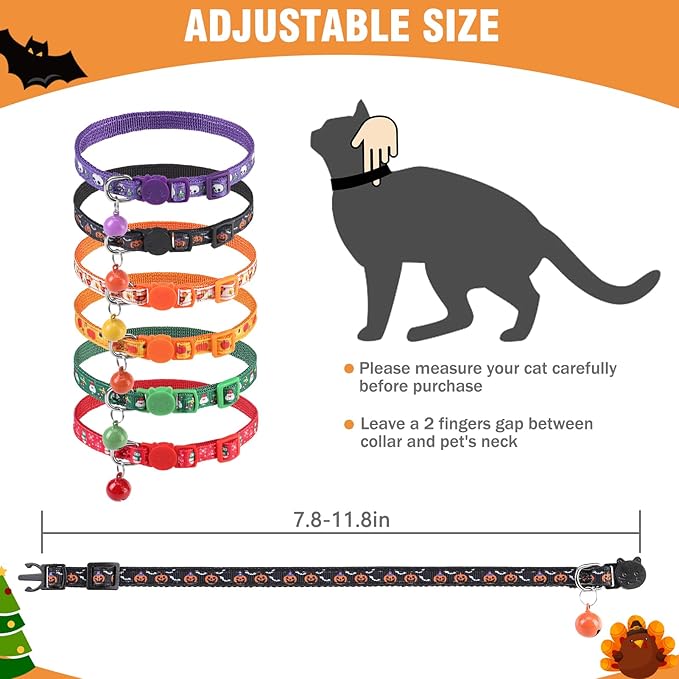 PUPTECK Thanksgiving Cat Collar with Bell 6 Packs Breakaway for Fall Halloween - Autumn Soft Adjustable Kitten Kitty Collars for Small Pet Puppy Bunny Christmas with Safety Release Buckle