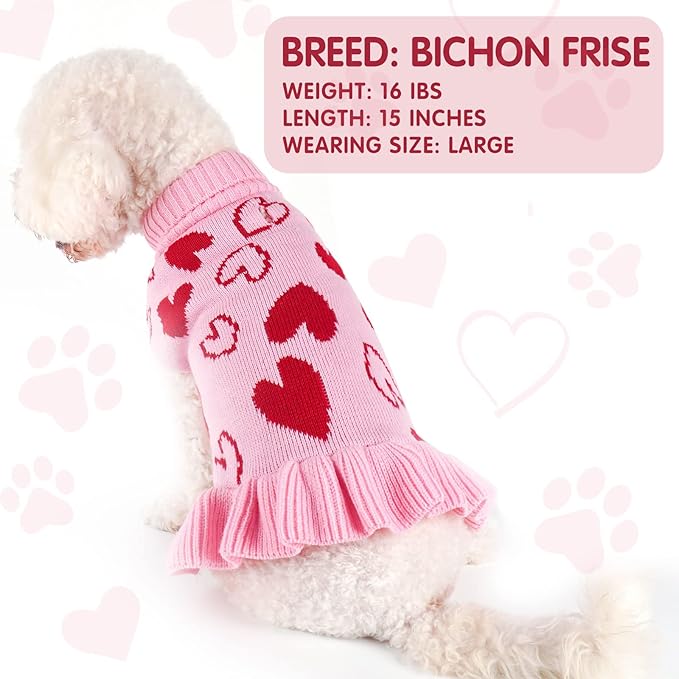 cyeollo Small Dog Sweater Dress Valentines Day Dog Clothes Pullover Turtleneck with Leash Hole Heart Pattern Holiday Theme Female Pet Apparel