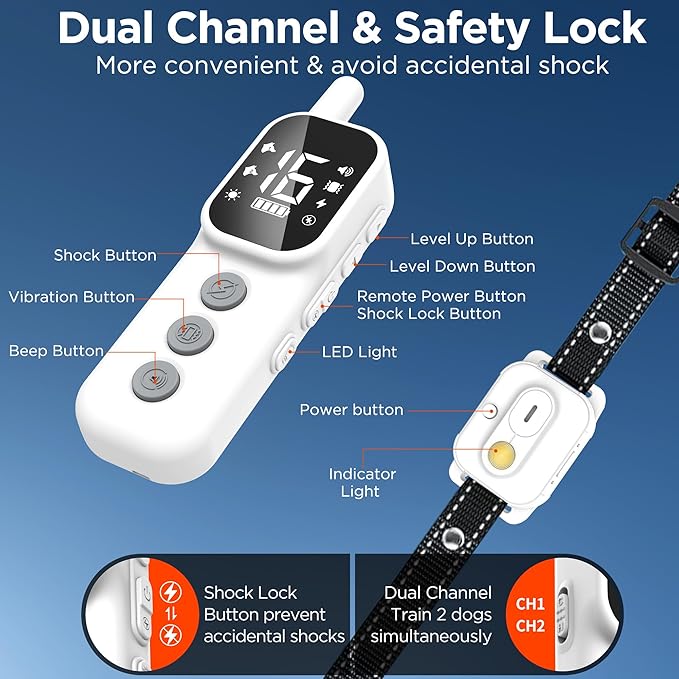 Dog Training Collar,Dog Shock Collar with Remote Control, 3300FT and 4 Training Modes Beep,Vibration,Safe Shock,LED Light,IPX7 Waterproof Rechargeable E-Collar for All Breeds (8-150 lbs)