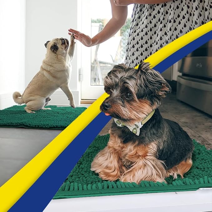 Muddy Mat® AS-SEEN-ON-TV Highly Absorbent Microfiber Dog Door Mat and Pet Rug, Non Slip Thick Washable Area and Bath Mat Soft Chenille for Kitchen Bathroom Bedroom and Indoor- Dark Green Large 35"X24"