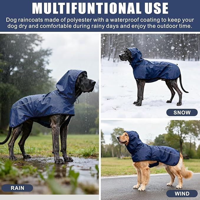 Mosucoirl Dog Raincoat Jacket Reflective Adjustable Hooded Pet Poncho Rain Coats with Leash Hole Waterproof Clothes for Small Medium Large Dogs (NavyBlue, L)