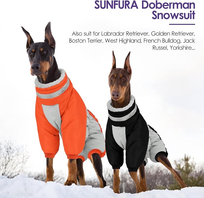 SUNFURA Full Body Dog Coat - Warm Fleece Jacket for Extra Large Dogs, Turtleneck Winter Coats with Harness, Reflective Dog Snowsuit Windproof Puffer Jackets with Legs for Great Dane, Orange 3XL
