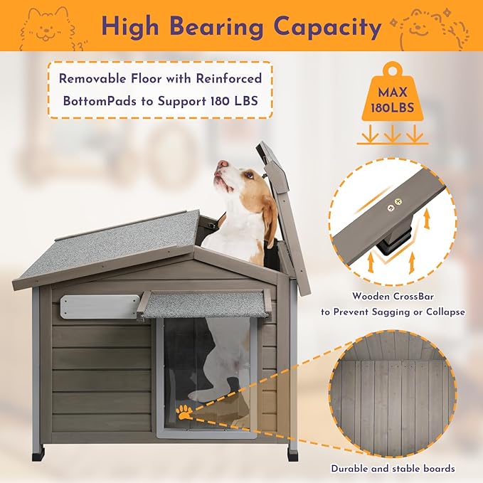 Outdoor Dog House Weatherproof Large Wooden Dog Kennel Indoor for Small Dogs with Chew-Proof Frame, Oxford Fabric Window, Removable Floor Pet Shelter (Grey, 30.1" D x 18.3" W x 24" H)