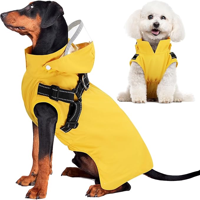 Lukovee Dog Raincoat - Waterproof Rain Jacket with Harness & Removable Hood, Reflective Double Layer Dog Rain Coat Poncho for Small Medium Large Dogs Puppy (S, Yellow)