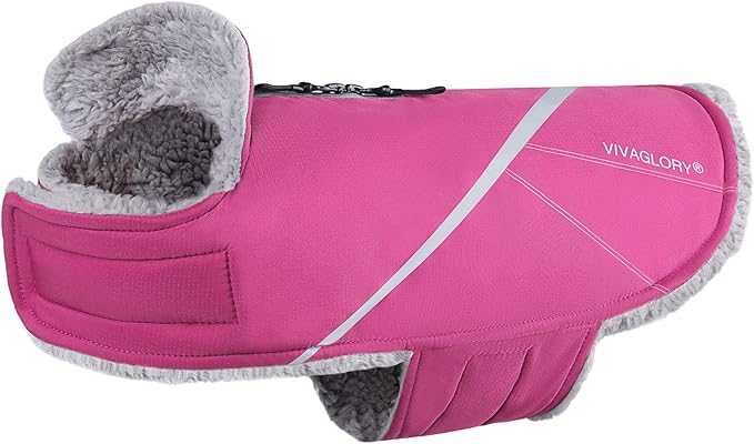 VIVAGLORY Snowrap Dog Coat, Jacket with Harness Hole & Velcro Closure, Dog Coat for Winter & Cold Weather, Fluffy Warm Fleece Lined Reflective Water Resistant for Puppy, XL, Fuchsia