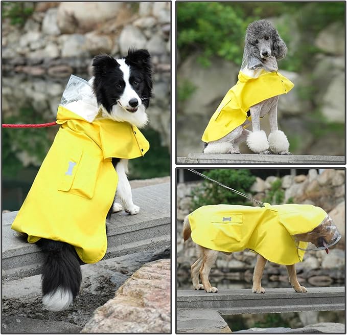 Dog Raincoat Waterproof, Adjustable Reflective Hooded Dog Rain Poncho with Leash Hole for Small Medium Large Dogs (Yellow, Large)