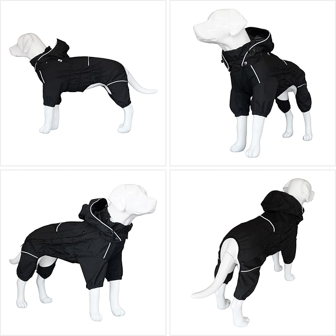 LOVELONGLONG Waterproof Dog Raincoat with Removable Hood – Outdoor Full Body Dog Jacket, Windproof Snowproof Shell Suit – All Season Pet Rain Gear Black S