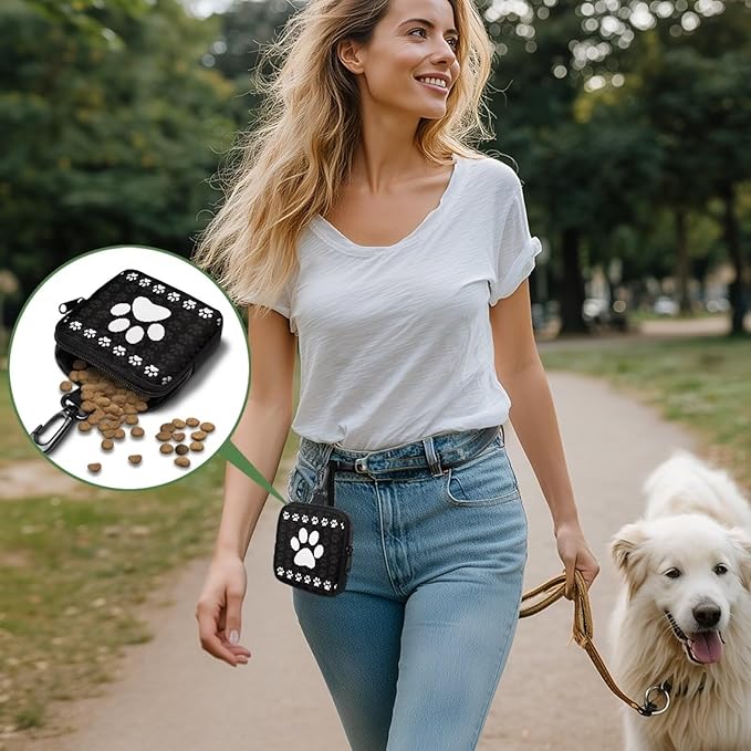KEIAHUAN White Paw Print Dog Treat Pouch Small Training Bag Portable Dog Treat Bag with Zipper Closure and Carabiner Hands Free Pet Treat Bags Training Pouch Mini Wallet, Black
