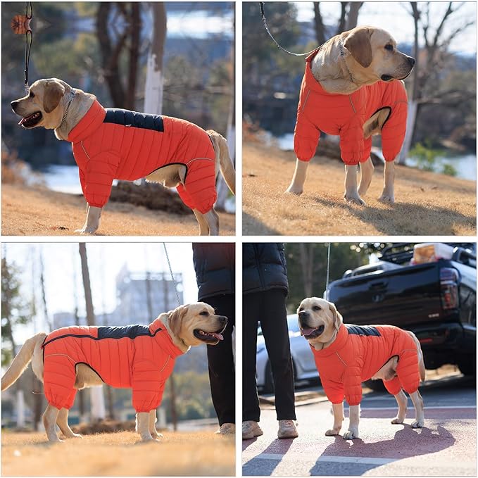 Dog Coat Dog Warm Jacket, 4 Legs Covered Waterproof Windproof Reflective Warm Dog Vest, Zippered Adjustable Outdoor Dog Snow Jacket for Small Medium Large Dogs Orange L