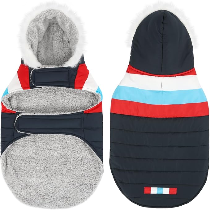 HDE Dog Puffer Jacket Fleece Lined Warm Dog Parka Winter Coat with Harness Hole Patriotic - XL
