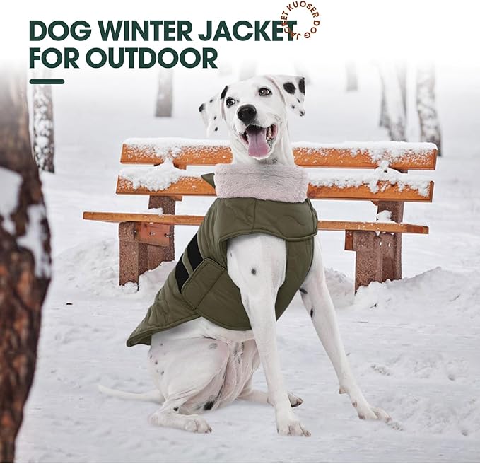 Kuoser Dog Jackets for Small Dogs, Warm Dog Coat with Leash Hole, Winter Jacket Pet Clothes for Cold Weather, Waterproof Doggie Winter Vest for Pug Dachshund, Green S