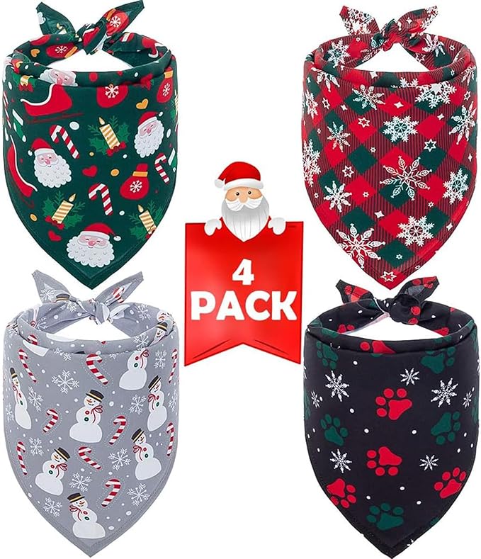 SCENEREAL Christmas Dog Bandana 4 Pack - Soft and Breathable Pet Triangle Scarf Bibs, Full of Chirstmas Element Patterns, for Dogs and Cats