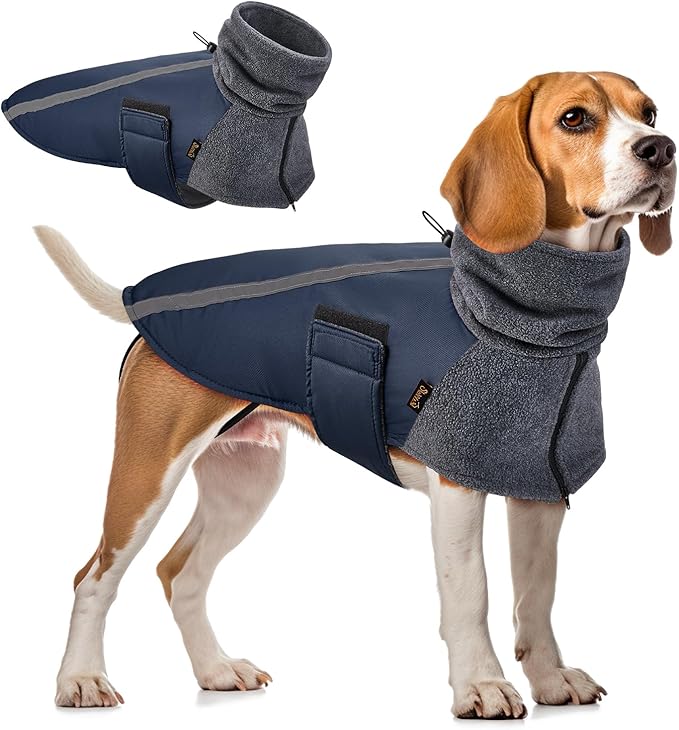 SlowTon Winter Dog Coat, Warm Polar Fleece Lining Doggie Outdoor Jacket with Turtleneck Scarf Reflective Stripe Adjustable Waterproof Windproof Puppy Vest Soft Pet Outfits (S,Dark Blue)