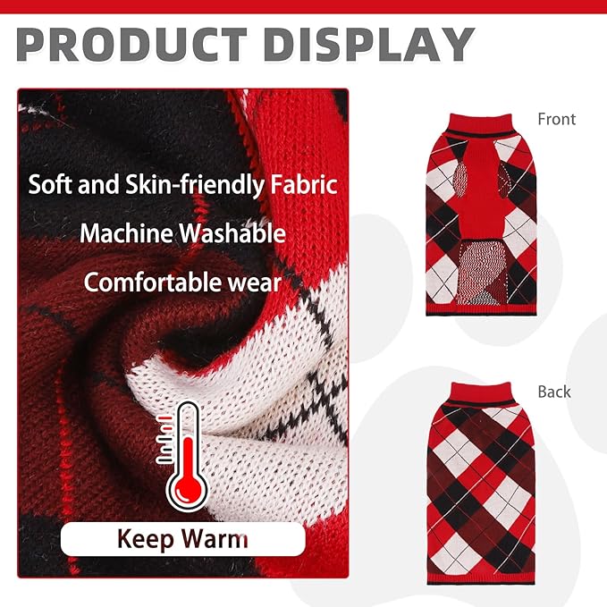 KOOLTAIL Dog Sweater Pet Knitted Clothes-Classic Plaid Pullover Turtleneck Red Fleece Dog Christmas Sweaters with Leash Hole, Thick Warm Dog Winter Clothes for Small Medium Large Dogs Cats Puppy, L