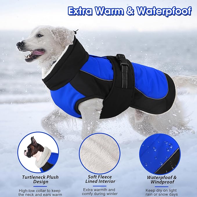 Dogcheer Waterproof Dog Coat, Christmas Dog Winter Jacket, Adjustable Puppy Fleece Coat for Cold Weather, Reflective Turtleneck Snow Jacket for Small Medium Large Dogs - Blue, XL