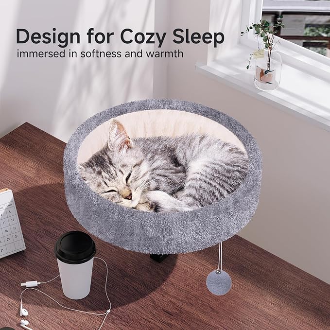 Cat Desk Bed with Heating Pad - 360° Rotating & Adjustable, Supports 44 lbs, Soft Faux Fur with Dual-sided Reversible Mat, Indoor Cat Nest Furniture for Office Desks and Game Tables, Island Table