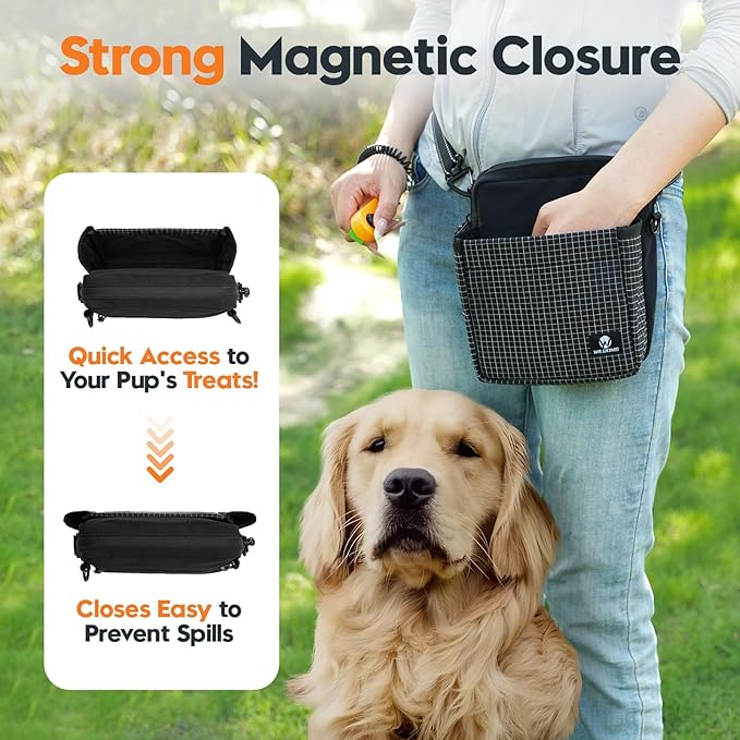 Large Capacity Dog Treat Pouch –Training Treat Bag with Magnetic Pocket, Built-in Poop Bag Holder, Clicker & Collapsible Bowl, Dog Walking Bag for Pet Training – Black