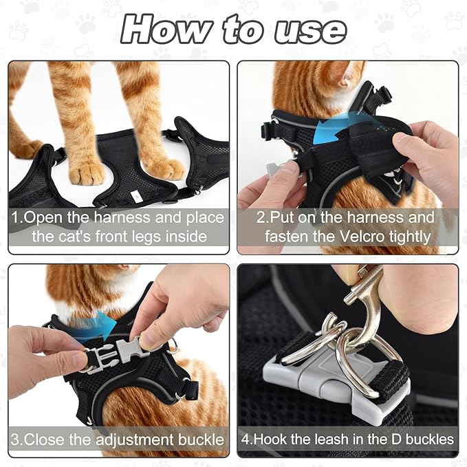 Kitten Cat Harness and Leash Set, Escape Proof Soft 4-Adjustable Cat Walking Vest Harness, Reflective Strips in Harness for Kitty Puppy Bunny Car Travel, with Car Seatbelt Leash (Black, S)