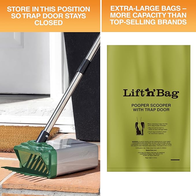 Neater Pet Brands Lift N’ Bag 2.0 Dog Pooper Scooper with Bag Attachment & 27" Pole for Small to Large Dogs, New & Improved Design, 60 Refill Bags, Heavy Duty Dog Poop Scooper for Yard, One-Hand Use