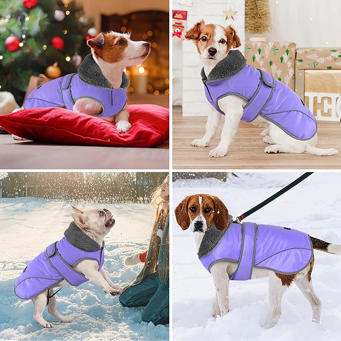 Dogcheer Dog Coat, Waterproof Dog Jacket Reflective Pet Winter Coat with Adjustable Hook & Loop, Christmas Puppy Fleece Jacket Warm Turtleneck Snowsuit for Small Medium Large Dogs - Taro Purple, L