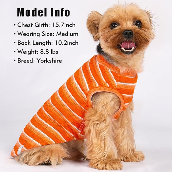 KYEESE 2Pack Waffle Dog Shirts for Small Dogs Stretchy T-Shirts Lightweight Tank Top Sleeveless Striped Shirt Vest Breathable Cat Shirt, Medium, Orange+Striped