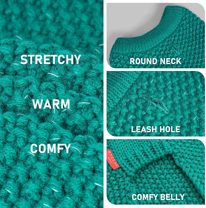 KYEESE Dog Christmas Sweater for Large Dogs with Leash Hole Warm Pullover with Reflective Yarn Male Thick Stretchy Knitwear Winter Soft Pet Coat boy Cold Weather Comfy Dog Sweaters,Green, XX-Large