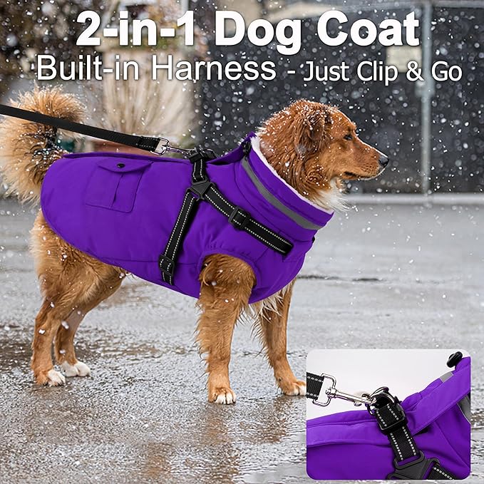 Dogcheer Dog Coat with Harness, Waterproof Warm Dog Winter Jacket with Pockets, Reflective Pet Fleece Jacket Turtleneck Snowsuit for Small Medium Large Dogs - Purple, S