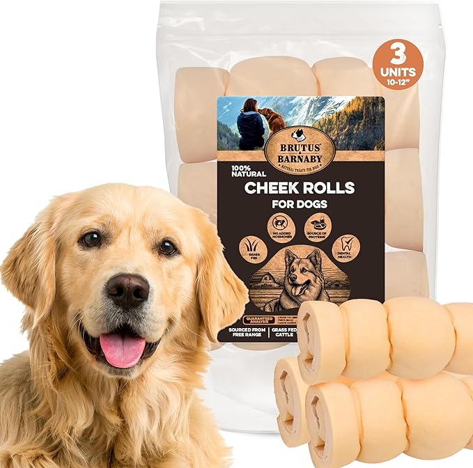 Premium Beef Cheek Rolls for Dogs 10-12" - (3-Pack) Long Lasting, Safe & Natural Rawhide Alternative Chews, Ideal for Large Dogs & Aggressive Chewers, Supports Dental Health & Digestion