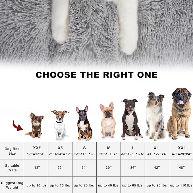 Bedfolks Plush Dog Crate Pad, Washable Faux Fur Bed for Small Dogs & Cats - 17"x12", Light Grey