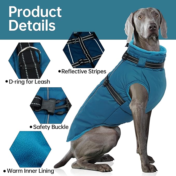PUMYPOREITY Snow Jacket for Large Dogs Waterproof, Warm Dog Winter Coat with Harness Built in, Fleece Jacket with Back Zipper, Cold Weather Coats for Outdoor, Windproof Pet Snowsuit, Blue, 3XL
