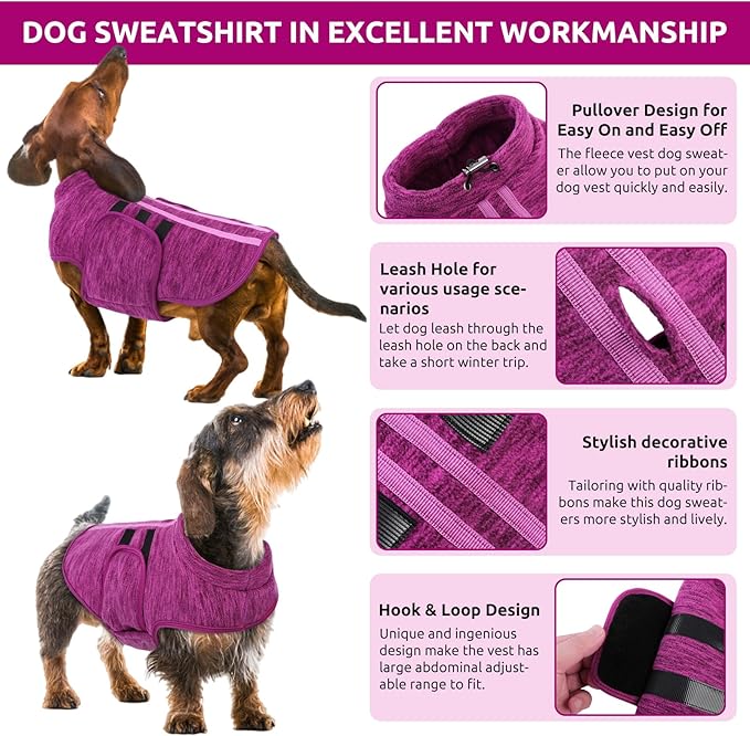 Queenmore Small Dog Sweaters, Soft Fleece Vest Pullover Dog Jacket with Leash Hole, Warm Winter Dogs Clothes Cold Weather Doggy Dachshund Sweater for Small Doggy Cats Boy or Girl (Cationic Berry, S)