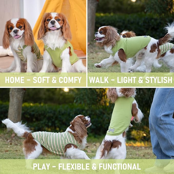 KYEESE 2Pack Dog Shirts Striped T Shirt Soft Tee for Small Dogs Cotton Tank Top Clothes Lightweight Sleeveless Dog Vest, X-Large,Green+Striped