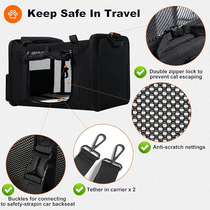 25''(L) x 17''(W) x 17''(H) Extra Large Expandable cat Carrier for car Travel,Soft Crate for 1 Large / 2 Medium Cats up to 35 lbs,Long Road Trip cage with a Leakproof Portable Litter Box