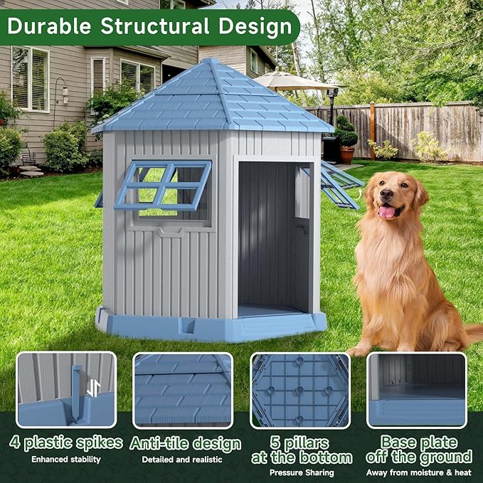 EasyUp Dog House Outdoor Resin Puppy Shelter with Air Vents and Elevated Floor, Sturdy Durable Waterproof Dog Kennel for Small Medium Large Sized Dogs (34.8 * 30.51 * 36.89in,Blue)